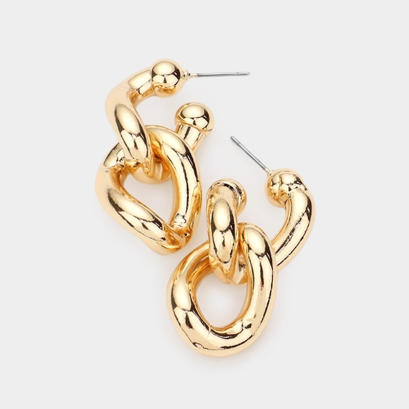 Gold Chain Link Dangle Earrings 1.5 Inch Metal Casual Simple Jewelry Accessory - Picture 2 of 2